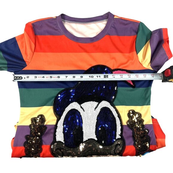 Donald Duck Sequin Embellished Rainbow Striped Dress  Size M  65% Polyester 35% - Picture 3 of 6